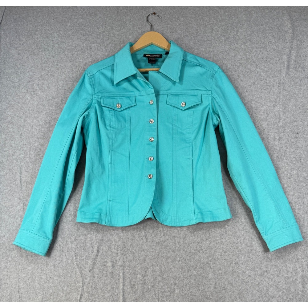 Christine Alexander Medium Jacket Turquoise Cotton Rhinestone Button Teal